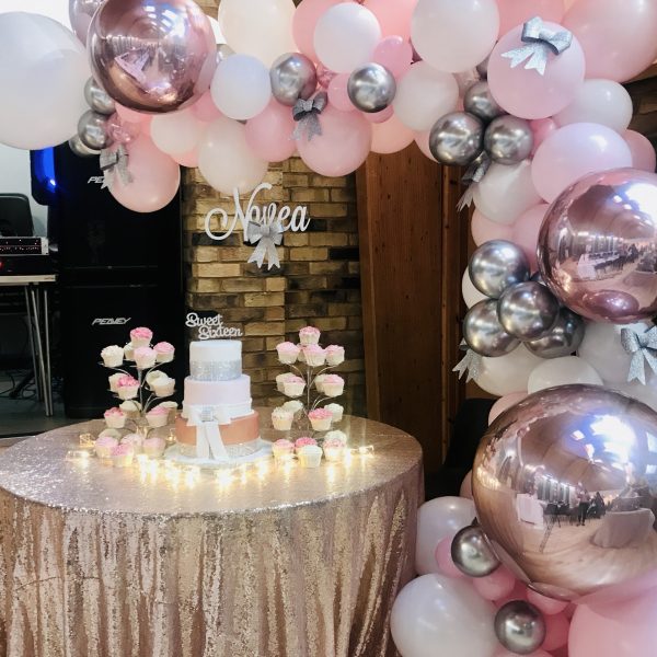 Rose gold, pink and silver bling organic balloon display